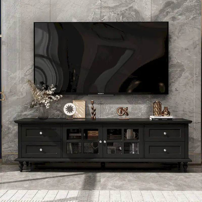 Meuble TV moderne blanc avec portes vitrées et tiroirs, console de divertissement