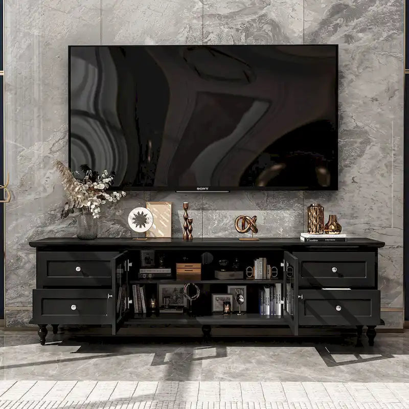 Meuble TV moderne blanc avec portes vitrées et tiroirs, console de divertissement