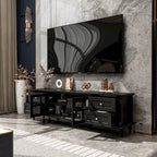 Meuble TV moderne blanc avec portes vitrées et tiroirs, console de divertissement