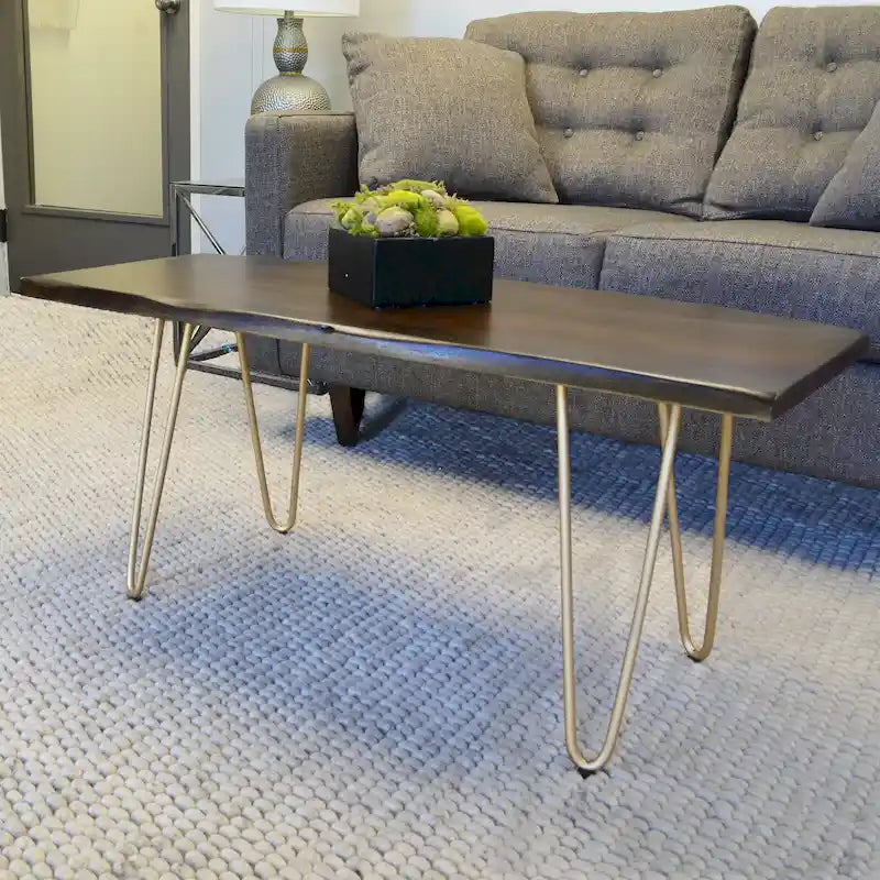 Carolina Living Seti Table Basse/Banc à Rebord Brut – Plateau en Orme – Piétement Doré