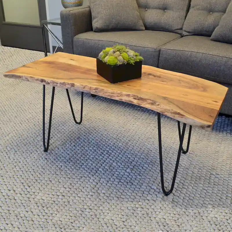 Carolina Living Seti Table Basse/Banc à Rebord Brut – Plateau en Orme – Piétement Doré
