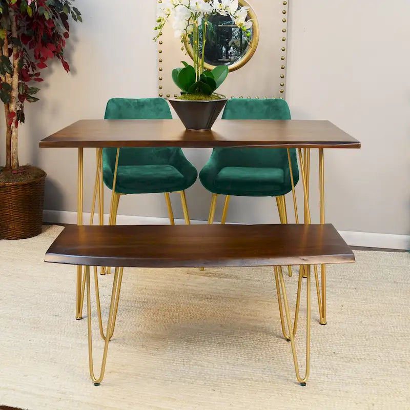 Carolina Living Seti Table Basse/Banc à Rebord Brut – Plateau en Orme – Piétement Doré