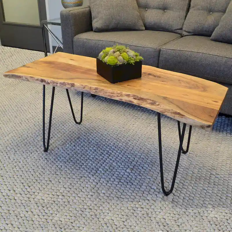 Carolina Living Seti Table Basse/Banc à Rebord Brut – Plateau en Orme – Piétement Doré