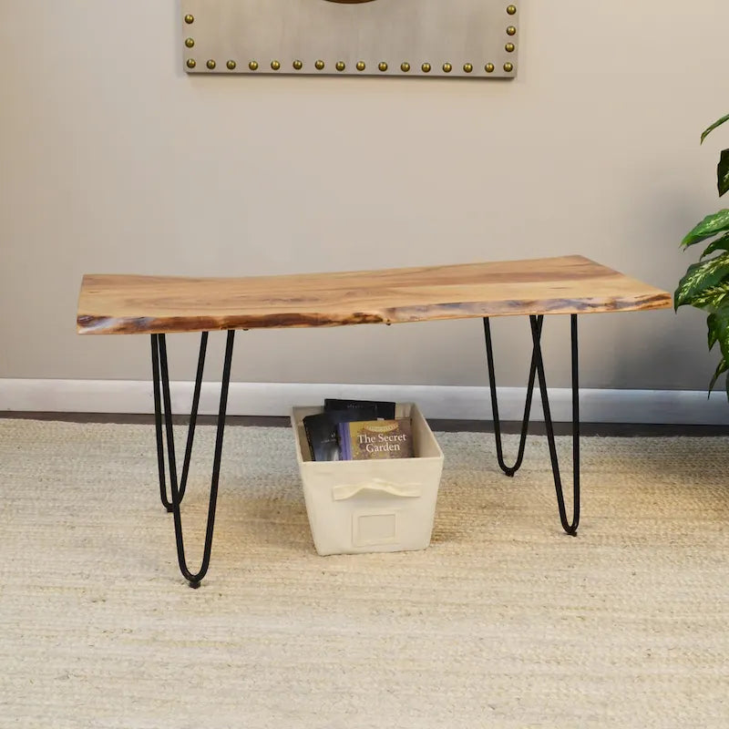 Carolina Living Seti Table Basse/Banc à Rebord Brut – Plateau en Orme – Piétement Doré