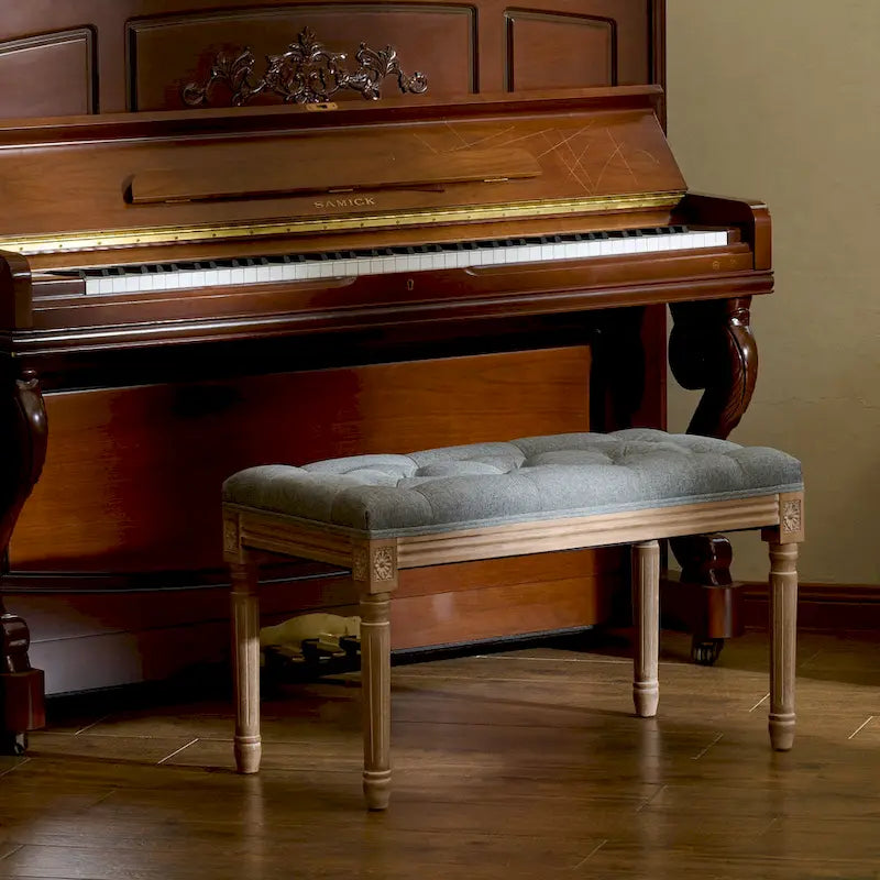 Banc français vintage capitonné avec cadre en bois massif sculpté