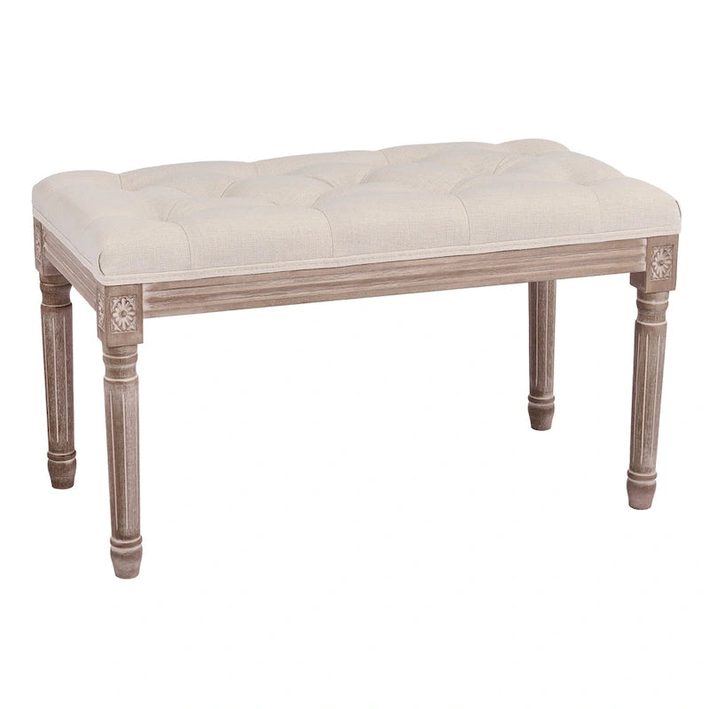 Banc français vintage capitonné avec cadre en bois massif sculpté