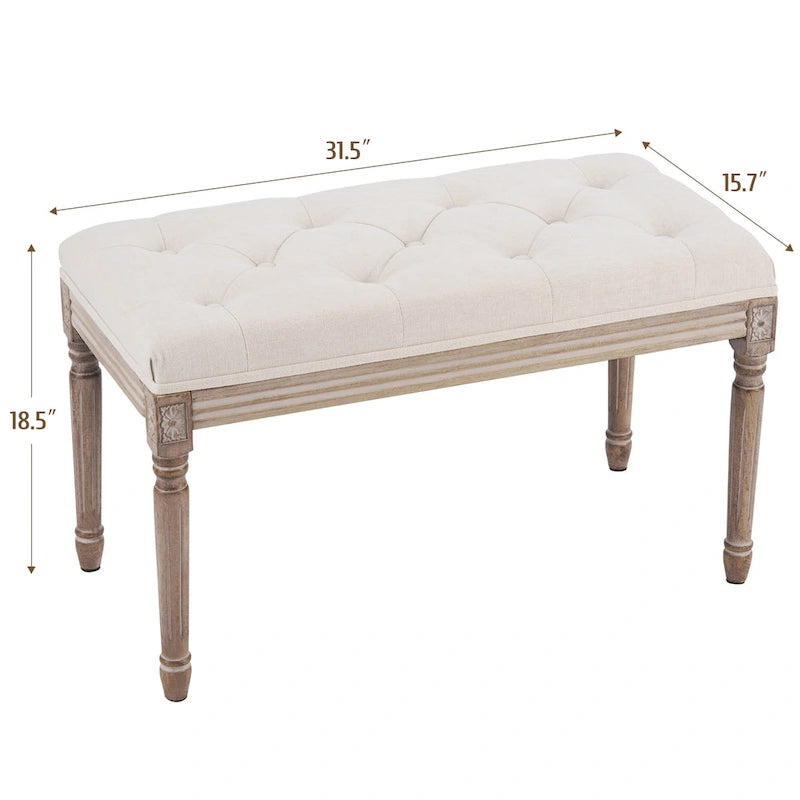 Banc français vintage capitonné avec cadre en bois massif sculpté