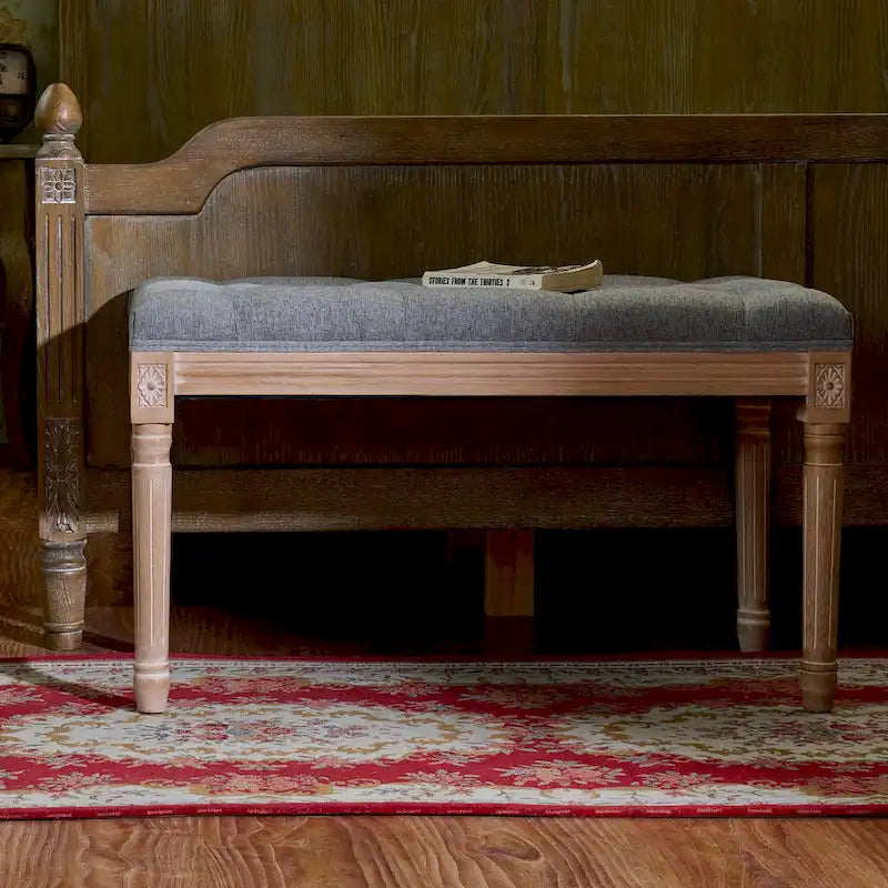 Banc français vintage capitonné avec cadre en bois massif sculpté