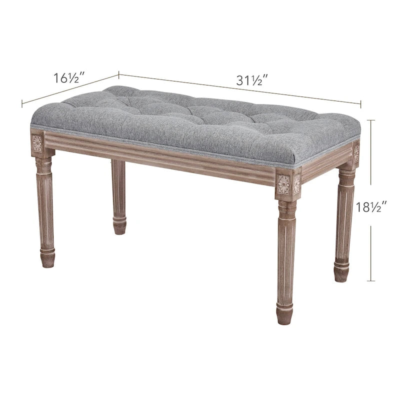 Banc français vintage capitonné avec cadre en bois massif sculpté