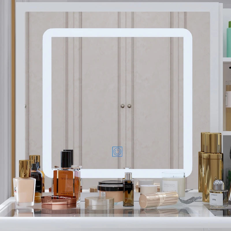 Coiffeuse avec plateau en verre, miroir coulissant et lumières LED