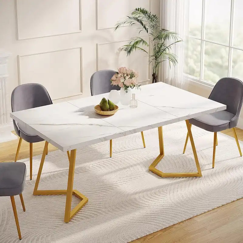 Table à manger moderne, petite table de cuisine en similicuir marbre blanc pour la famille