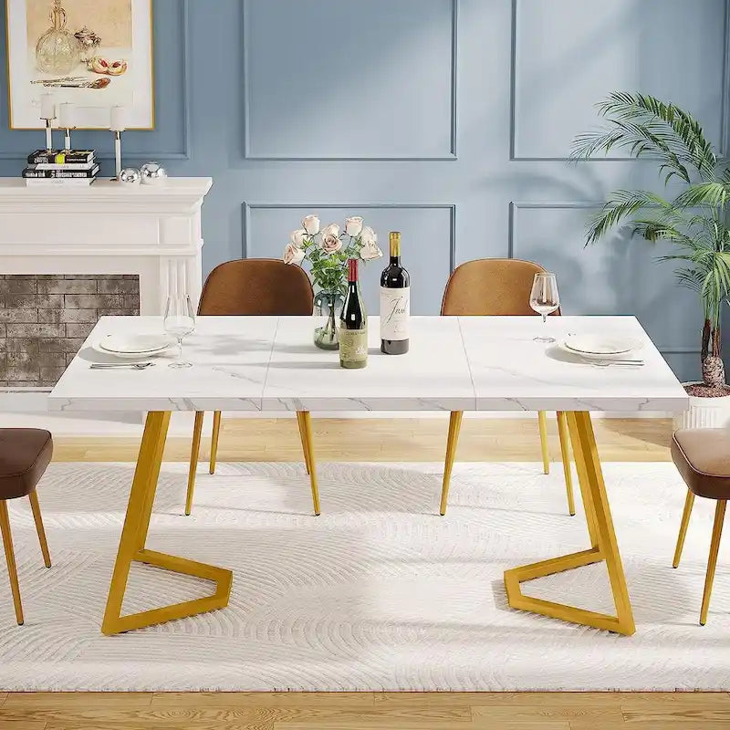 Table à manger moderne, petite table de cuisine en similicuir marbre blanc pour la famille