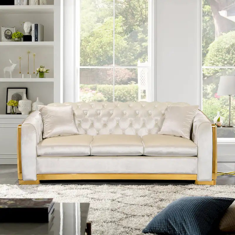 Canapé Chesterfield de luxe en velours, canapé 3 places capitonné de 84 pouces avec pieds en acier inoxydable doré pour salon, tissu beige