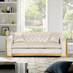 Canapé Chesterfield de luxe en velours, canapé 3 places capitonné de 84 pouces avec pieds en acier inoxydable doré pour salon, tissu beige