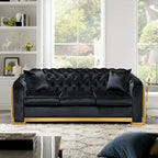 Canapé Chesterfield de luxe en velours, canapé 3 places capitonné de 84 pouces avec pieds en acier inoxydable doré pour salon, tissu beige