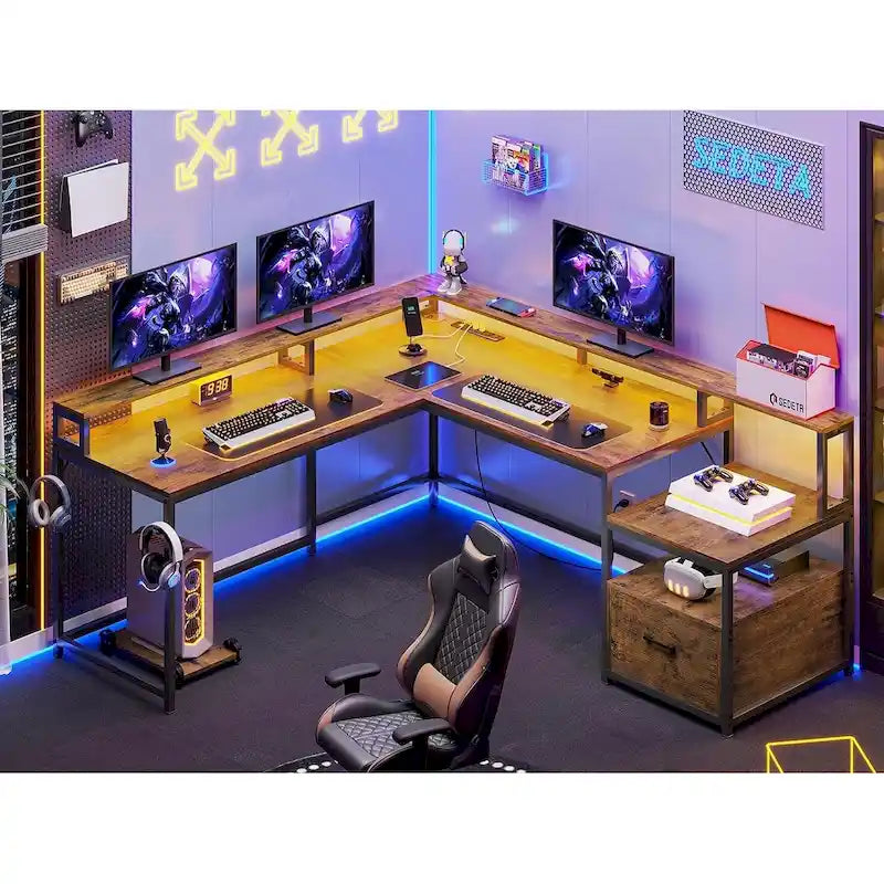 Bureau d'ordinateur de jeu en L avec tiroir de classement et étagères de rangement pour imprimante
