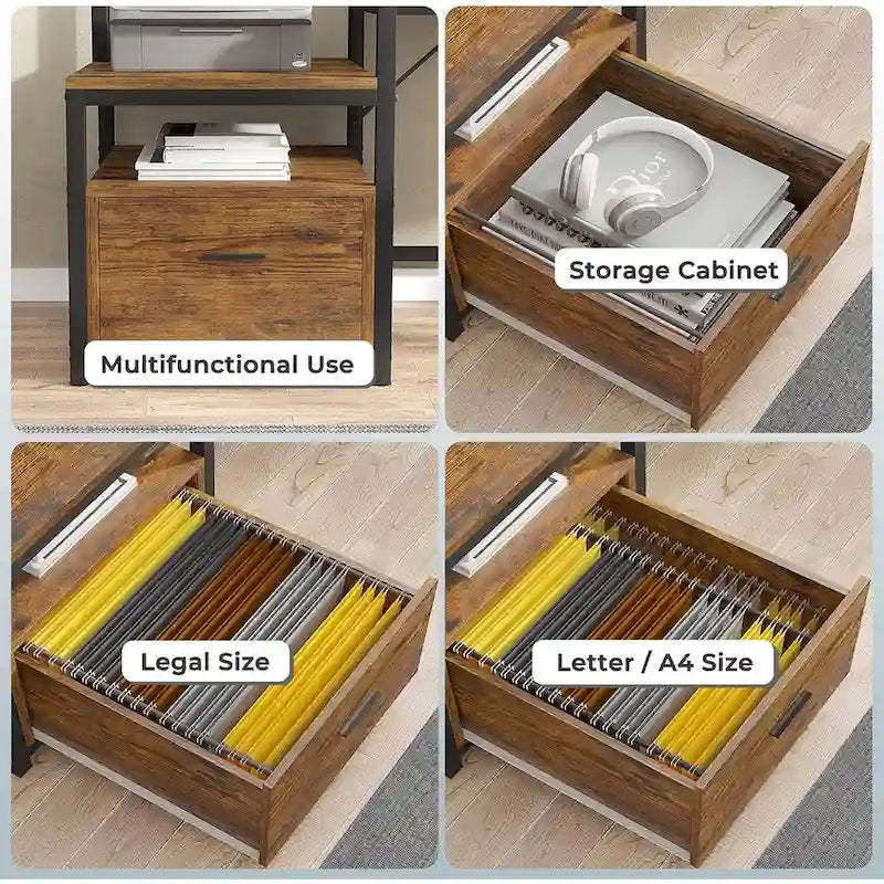 Bureau d'ordinateur de jeu en L avec tiroir de classement et étagères de rangement pour imprimante