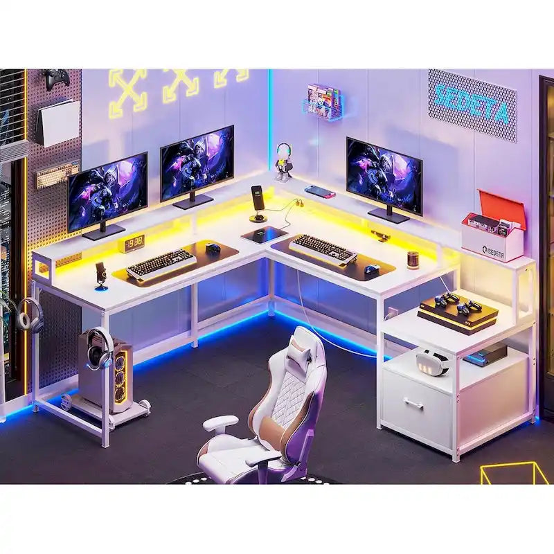 Bureau d'ordinateur de jeu en L avec tiroir de classement et étagères de rangement pour imprimante