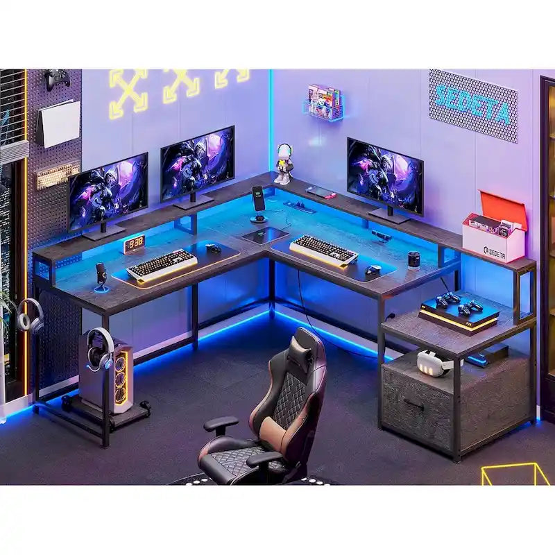 Bureau d'ordinateur de jeu en L avec tiroir de classement et étagères de rangement pour imprimante