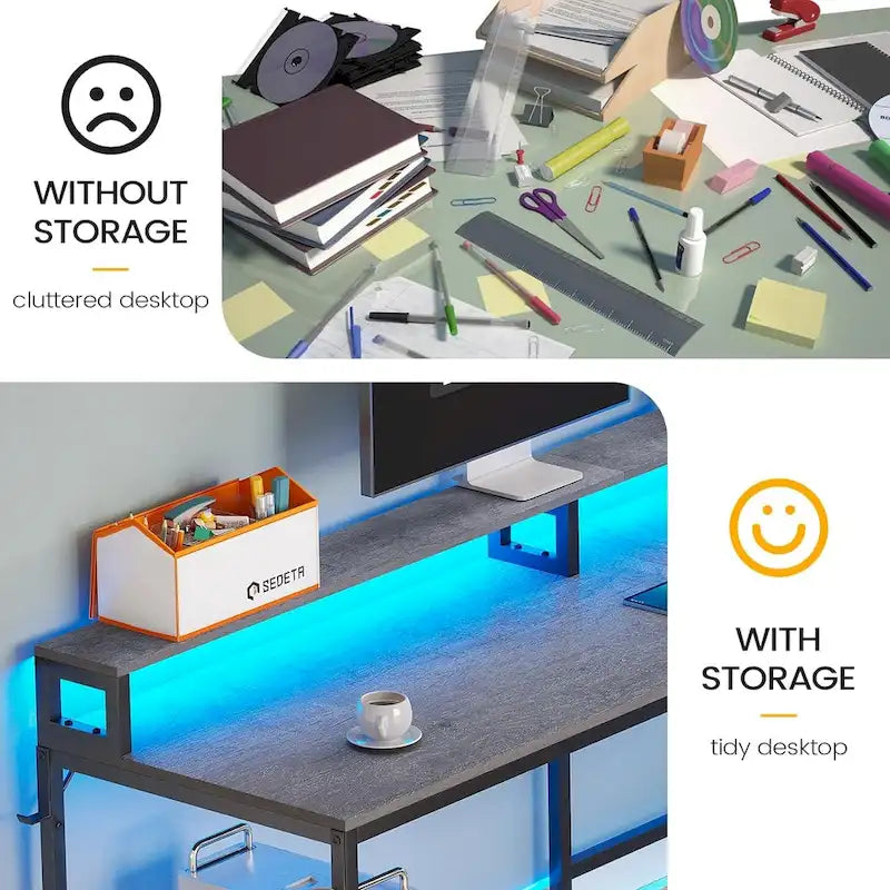 Bureau d'ordinateur de jeu en L avec tiroir de classement et étagères de rangement pour imprimante