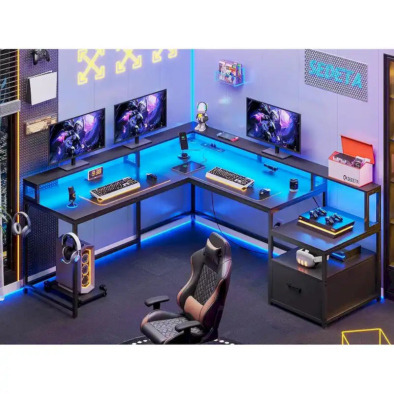 Bureau d'ordinateur de jeu en L avec tiroir de classement et étagères de rangement pour imprimante