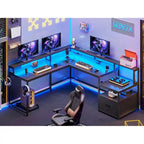 Bureau d'ordinateur de jeu en L avec tiroir de classement et étagères de rangement pour imprimante