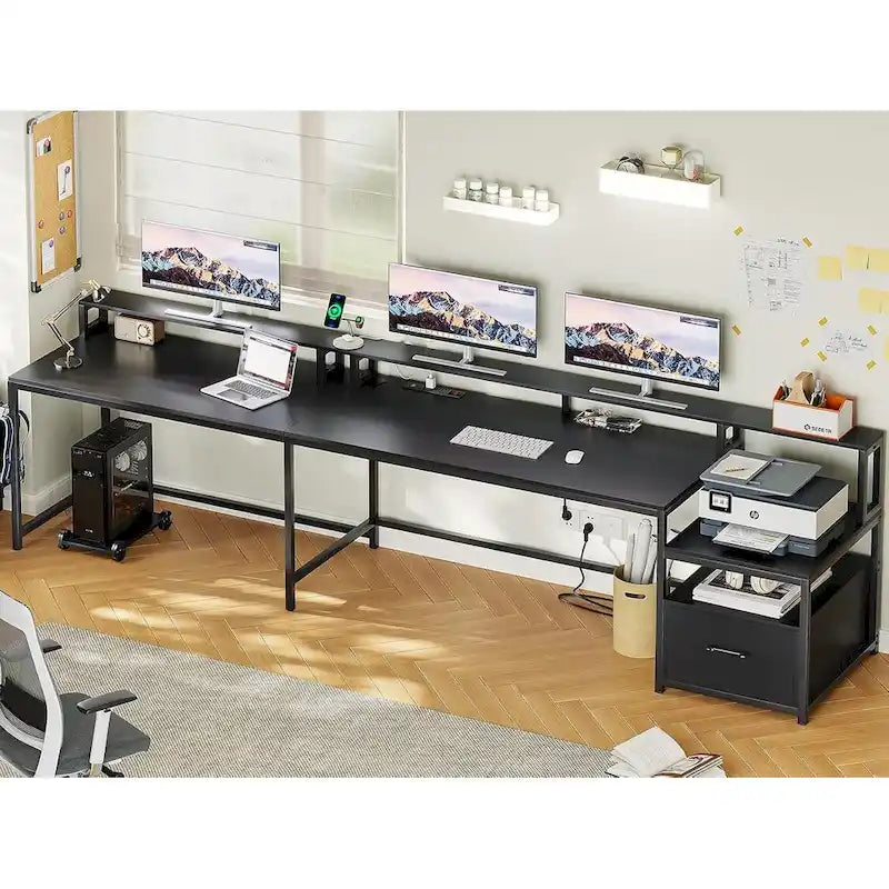 Bureau d'ordinateur de jeu en L avec tiroir de classement et étagères de rangement pour imprimante