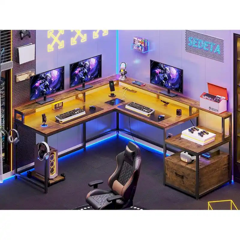 Bureau d'ordinateur de jeu en L avec tiroir de classement et étagères de rangement pour imprimante
