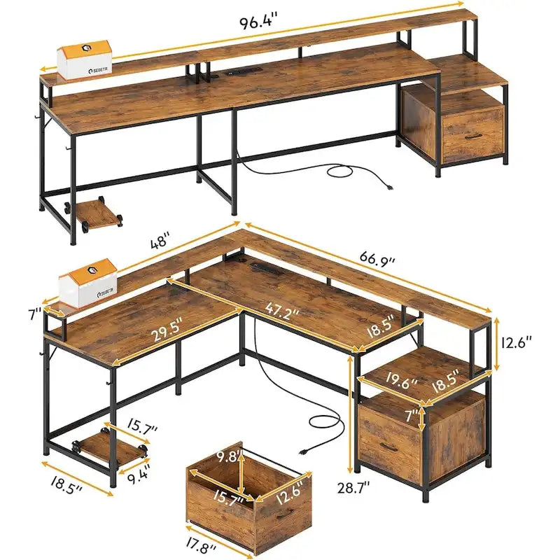 Bureau d'ordinateur de jeu en L avec tiroir de classement et étagères de rangement pour imprimante