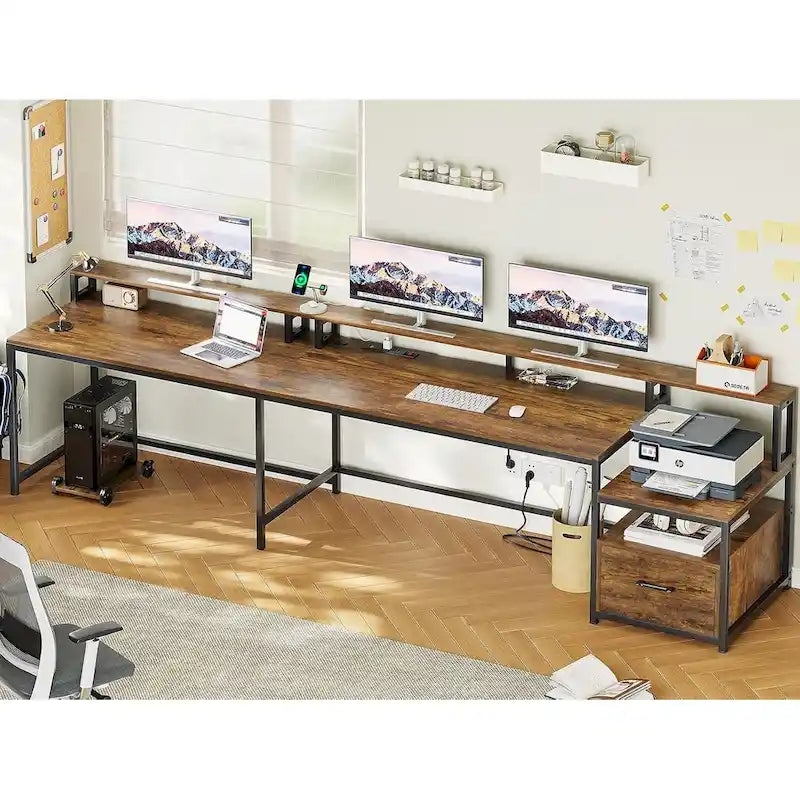 Bureau d'ordinateur de jeu en L avec tiroir de classement et étagères de rangement pour imprimante