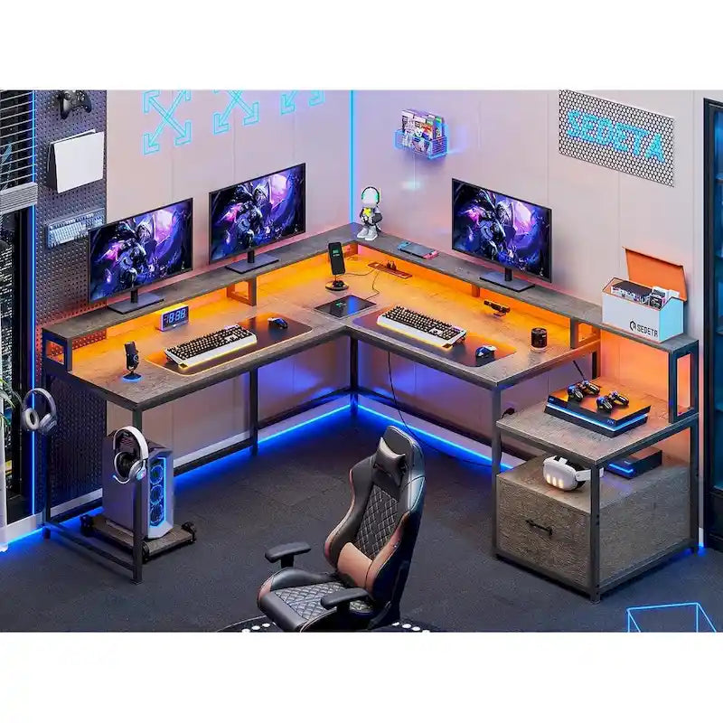 Bureau d'ordinateur de jeu en L avec tiroir de classement et étagères de rangement pour imprimante