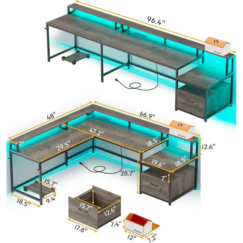 Bureau d'ordinateur de jeu en L avec tiroir de classement et étagères de rangement pour imprimante