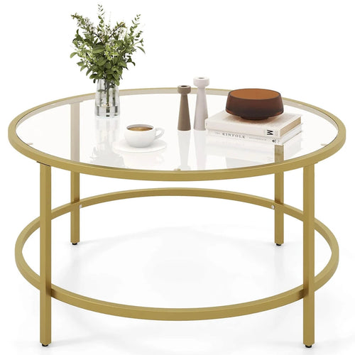 Costway 36 Round Coffee Table Tempered Glass Tabletop Metal Frame - See Details