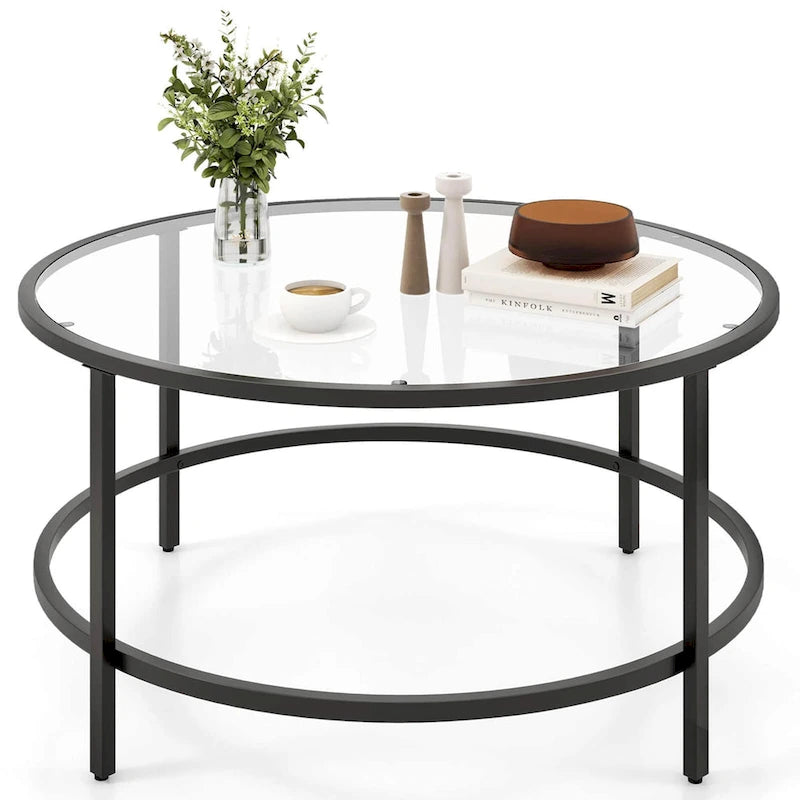 Table basse ronde en verre trempé de 36 po avec cadre en métal
