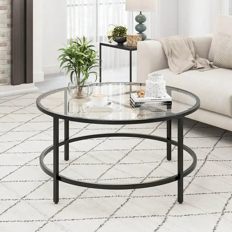 Table basse ronde en verre trempé de 36 po avec cadre en métal