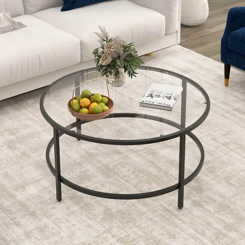 Table basse ronde en verre trempé de 36 po avec cadre en métal