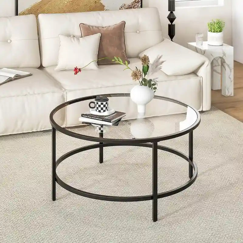 Table basse ronde en verre trempé de 36 po avec cadre en métal