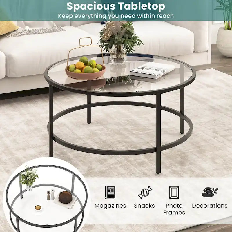 Table basse ronde en verre trempé de 36 po avec cadre en métal