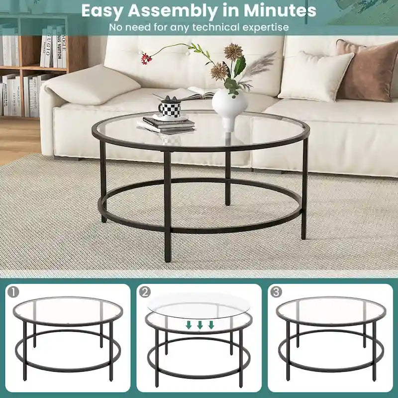 Table basse ronde en verre trempé de 36 po avec cadre en métal