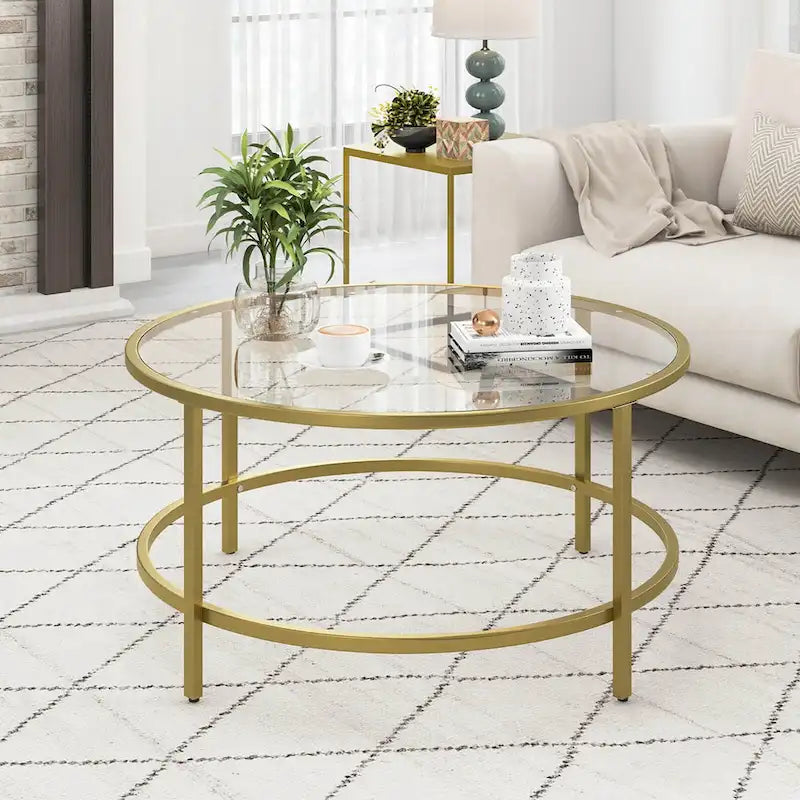 Table basse ronde en verre trempé de 36 po avec cadre en métal