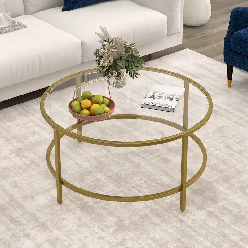 Table basse ronde en verre trempé de 36 po avec cadre en métal