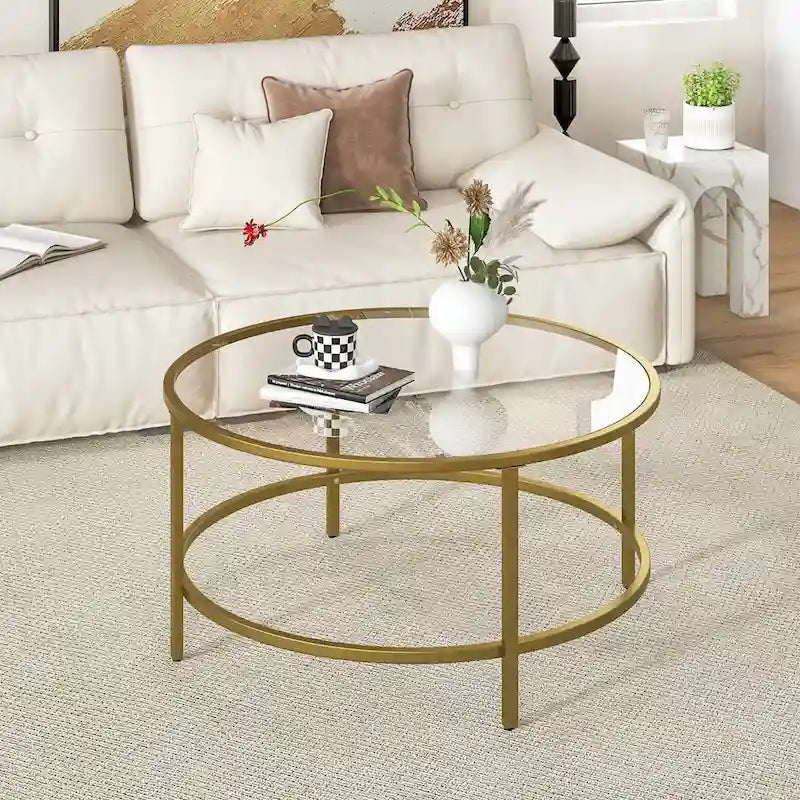 Table basse ronde en verre trempé de 36 po avec cadre en métal
