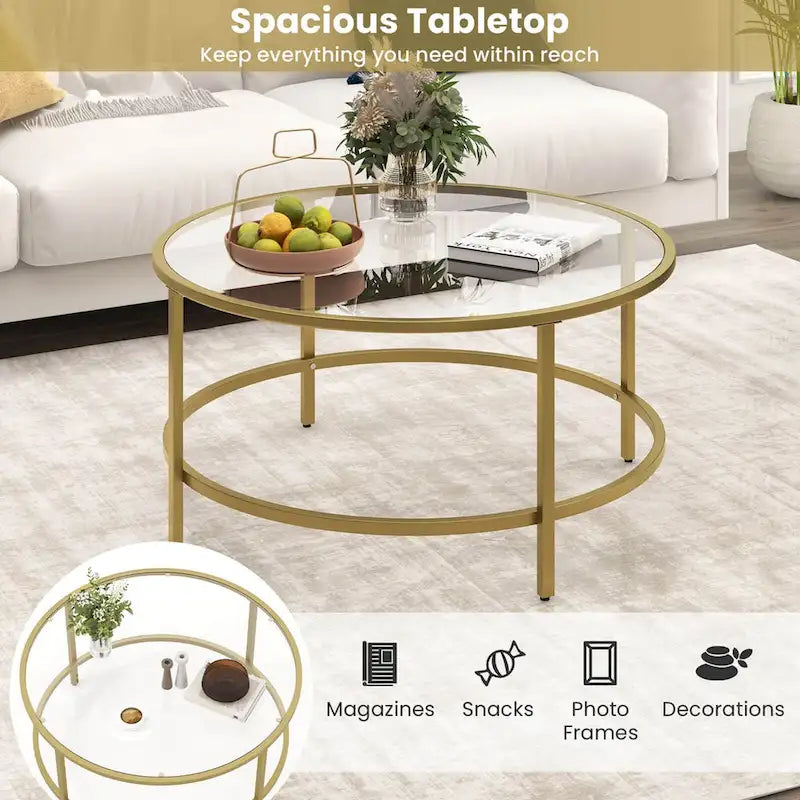 Table basse ronde en verre trempé de 36 po avec cadre en métal