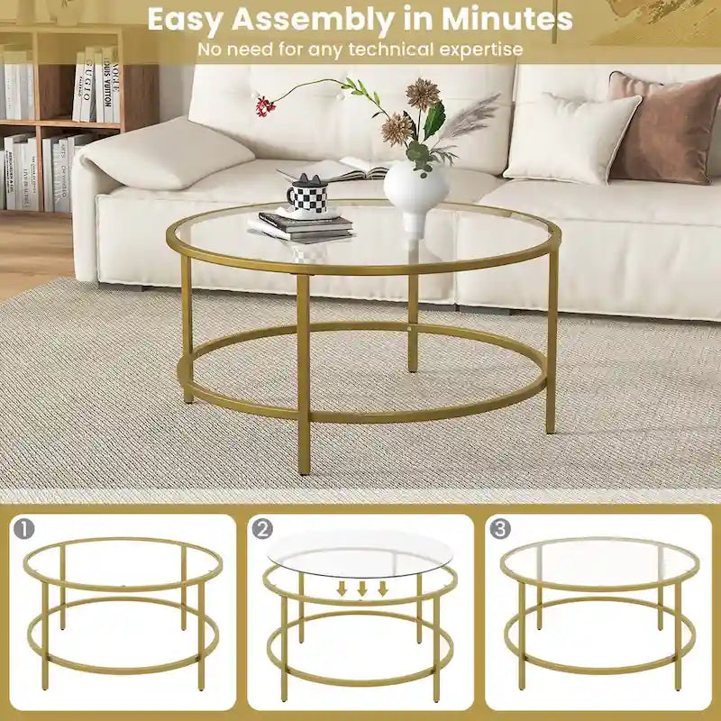 Table basse ronde en verre trempé de 36 po avec cadre en métal