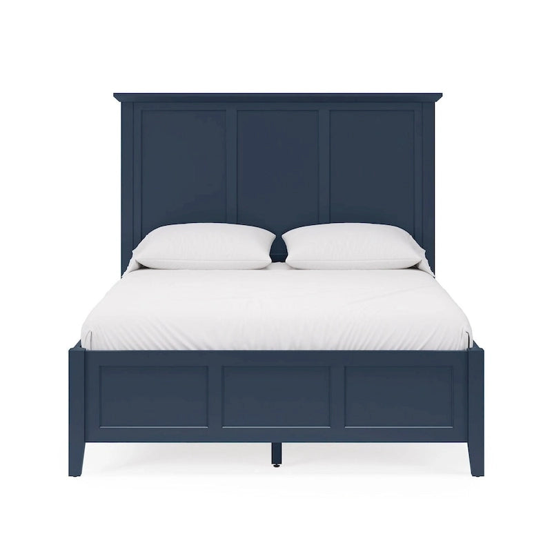 Lit King Size Fritz, design trois panneaux, plateau biseauté, bois massif, bleu