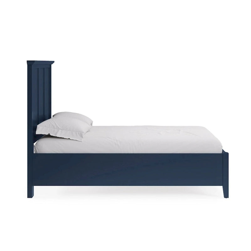 Lit King Size Fritz, design trois panneaux, plateau biseauté, bois massif, bleu