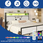 Cadre de lit King LED avec station de recharge, rangement de tête de lit en métal et ports USB, lumières de ferme