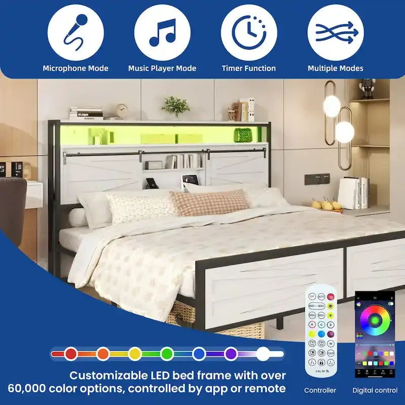 Cadre de lit King LED avec station de recharge, rangement de tête de lit en métal et ports USB, lumières de ferme
