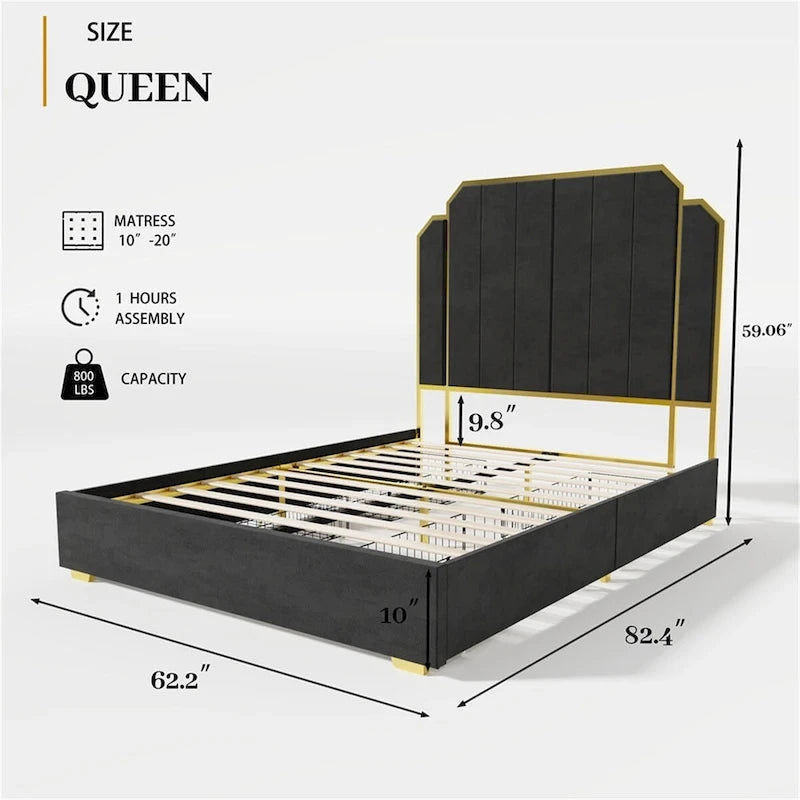 Cadre de lit Queen Size et tête de lit 59,06 avec garniture plaquée or