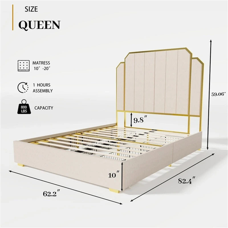 Cadre de lit Queen Size et tête de lit 59,06 avec garniture plaquée or